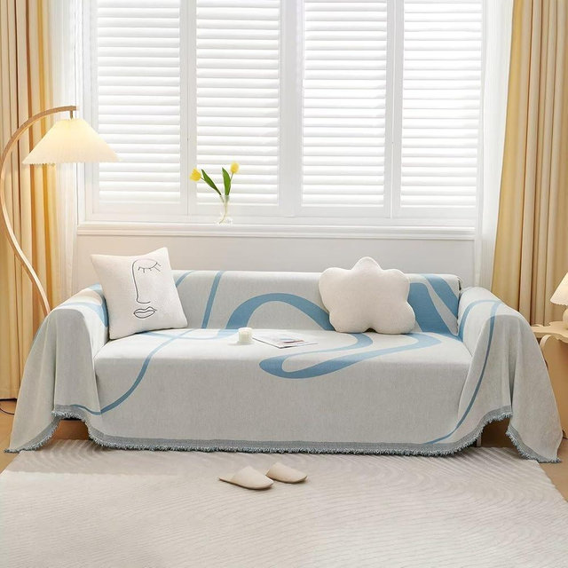 VClife Modern Geometry Couch Cover Cozy Thick Chenille L Shape Couch Slipcover for 3 Cushion Couch Sofa, 1 Piece Modern Style Blue White Stripe Jacquard Sofa Cover for Dog Cat Kids Furniture Protector