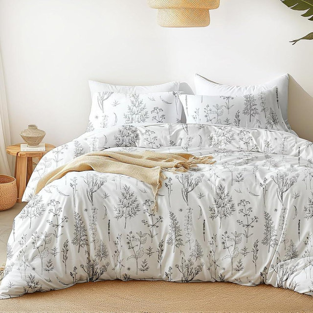 Love's cabin White Full Size Comforter Set - Comforter Set Full, 3 Pieces Cute Floral Bedding Sets for All Seasons,1 Soft Reversible Botanical Flowers Comforter and 2 Pillow Shams