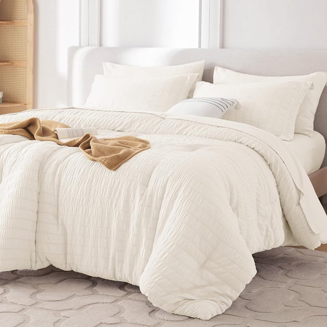 MUXHOMO 7 Pieces Oversized King Comforter Set, Seersucker Bed in a Bag Oversized King Size, All Season Luxury Bedding Set with Comforter, Flat Sheet, Fitted Sheet, Pillowcases & Shams, Ivory