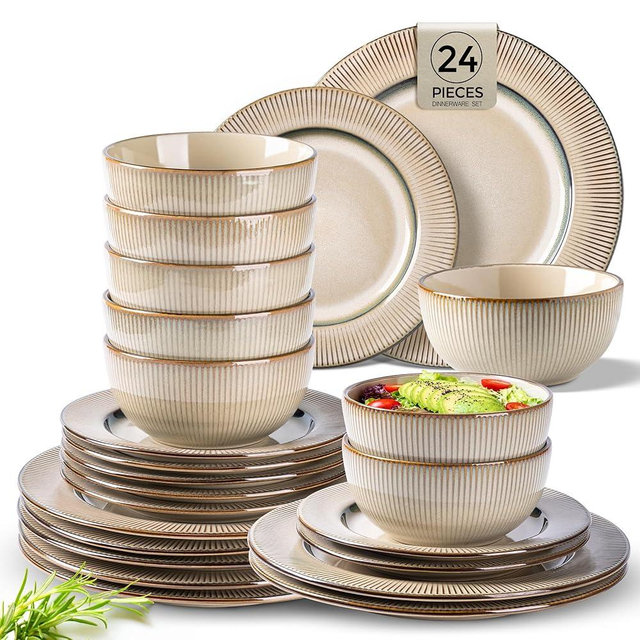 GBHOME Ceramic Dinnerware Sets, 24 Piece Embossed Elegant Stoneware Plates and Bowls Sets, Housewarming Wedding Gift | Dishwasher & Microwave Safe | Dishes Set Service for 8