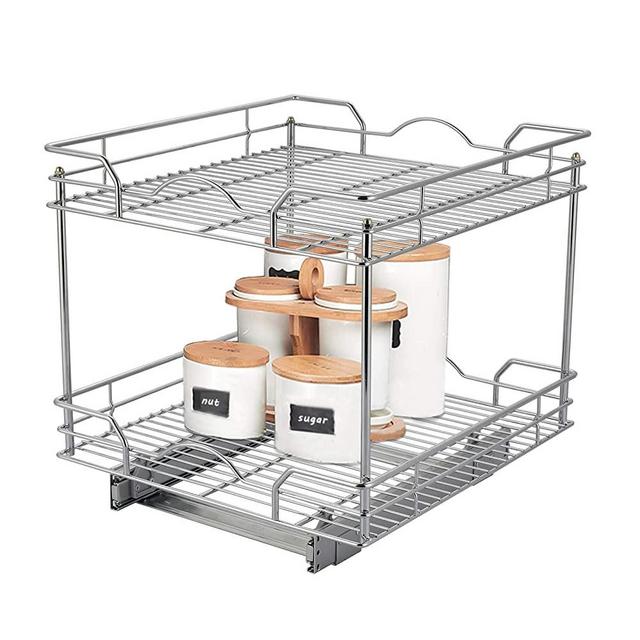 Pull Out Cabinet Organizer（11"W x 21"D x 16.4"H ), 2 Tier Heavy Duty Slide Out Kitchen Cabinet Shelves, Sliding Drawer for Cabinet , Wire Frame, Chrome Finish