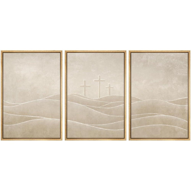 SIGNWIN Framed Canvas Print Wall Art Set Christian Cross Hill Minimalist Beige Religious Illustrations Modern Art Contemporary Minimal Ultra for Living Room, Bedroom, Office - 16"x24"x3 Natural