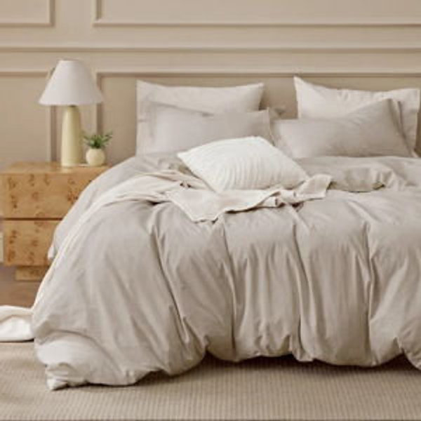 Bedsure 100% Washed Cotton Duvet Cover King Set - Minimalist Cotton Beding Set For All Season（set of 3） - Linen Gray, King Duvet Cover + 2 King Shams