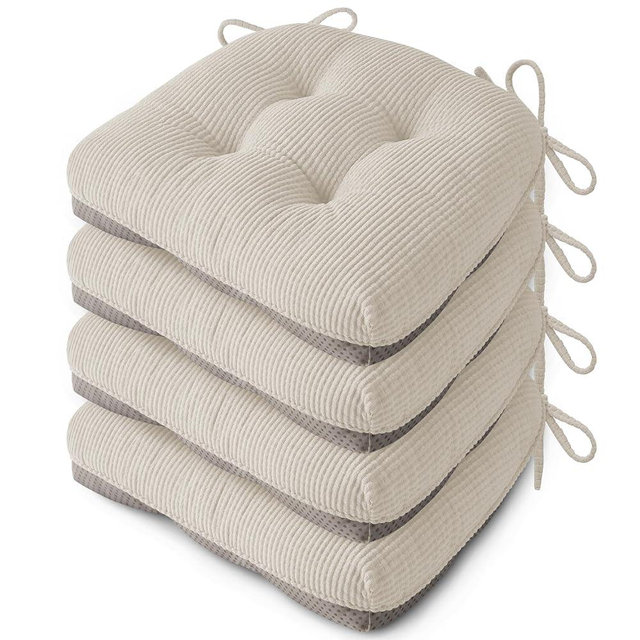 FlyGulls Indoor Kitchen Chair Cushions Set of 4 18"X16.5"X3" Soft Anti Slip Dining Chair Pads Tufted Kitchen Seat Cushion with Ties, Beige