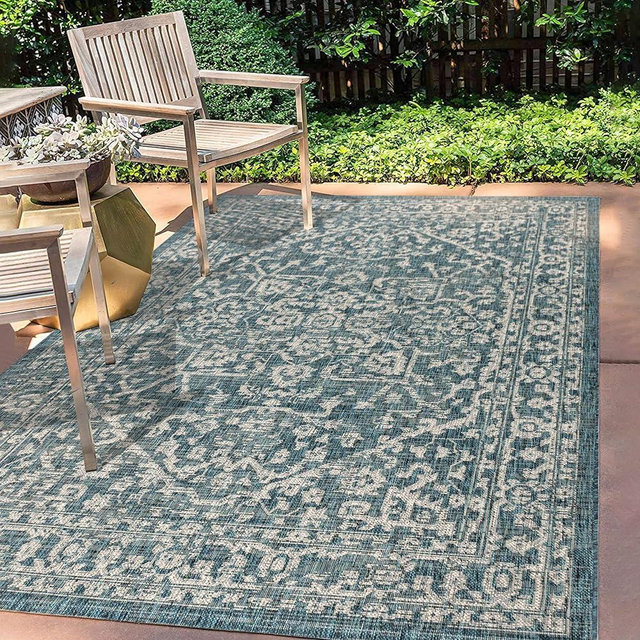 JONATHAN Y SMB104B-3 Malta Bohemian Medallion Textured Weave Indoor Outdoor Area Rug, Coastal, Traditional, Transitional Easy Cleaning,Bedroom,Kitchen,Backyard,Patio,Non Shedding, Teal/Gray, 3 X 5