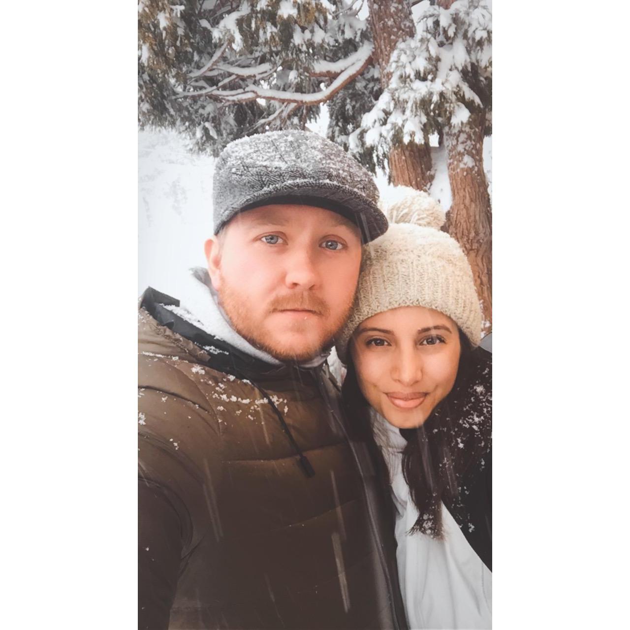 In 2019, the couple spent Thanksgiving in Big Bear, CA. Little did they know, they would be snowed in and experience the most magical weekend in a cozy cabin with their fur babies.