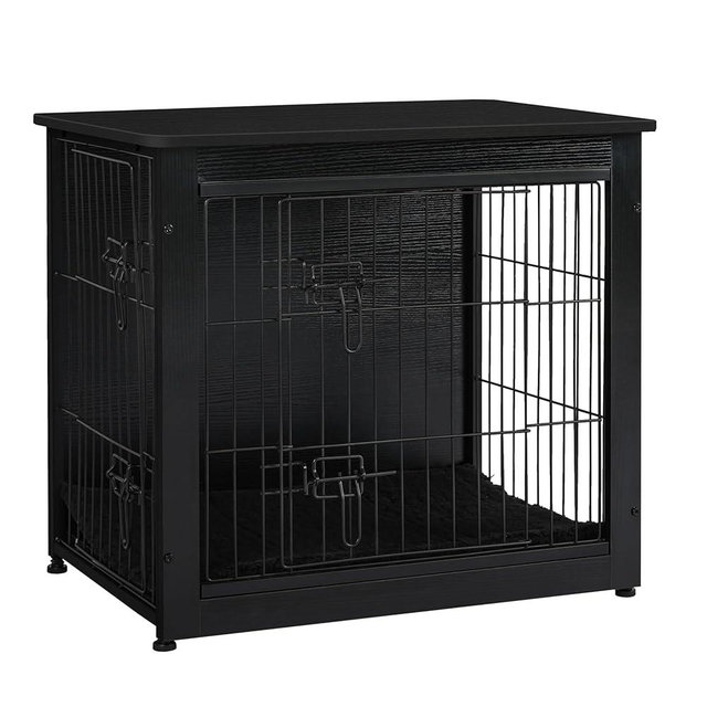 DWANTON Dog Crate Furniture with Cushion, Wooden Kennel Table with Double Doors, Indoor Dog House, Small/Medium/Large Size, 27.2" L, Black