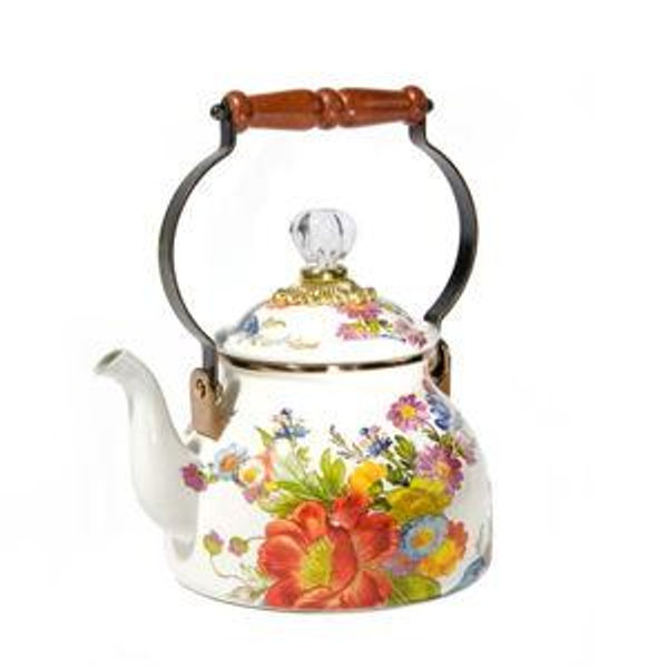 Mackenzie Childs White Flower Market 2 Quart Tea Kettle