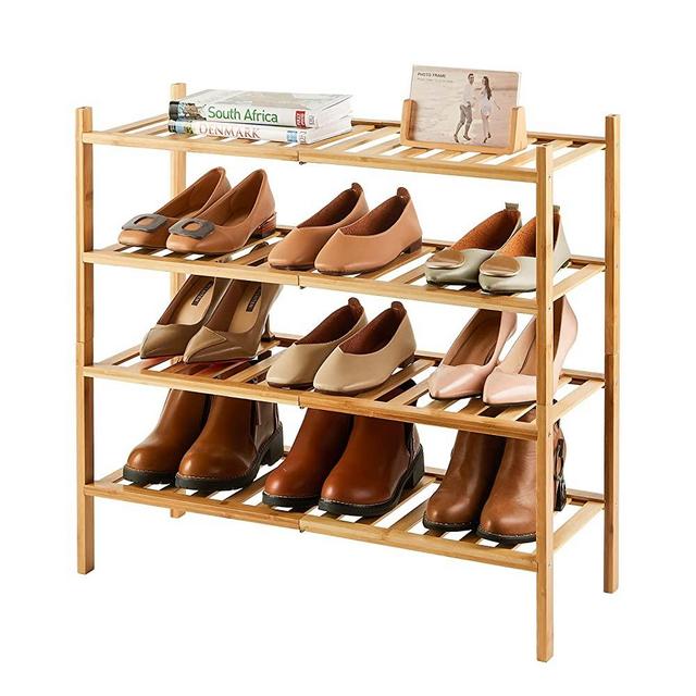 4-Tier Bamboo Shoe Rack for Entryway, Stackable | Foldable | Natural, Shoe Organizer for Hallway Closet, Free Standing Shoe Racks for Indoor Outdoor