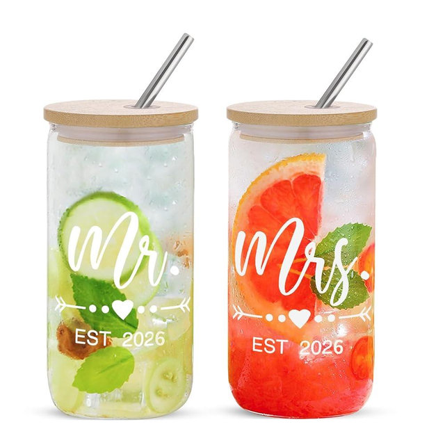 Mr and Mrs Coffee Cups 2026 Gift Set, Wedding and Engagement Gifts for Couples His & Hers Glass Tumbler Set With Straw