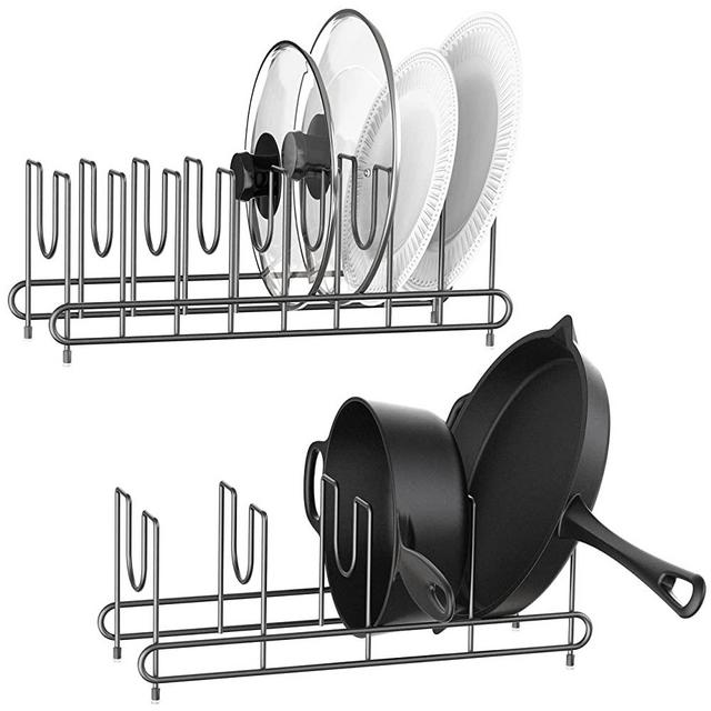 [Pack of 2] Pan Lid Organizer, Pan Organizer for Kitchen Inside Cabinet, Lid organizer for the pots and pans, Plates Holder Organizer for the Lid, Dish, Baking Pan, Chopping Board on Countertop (Black)