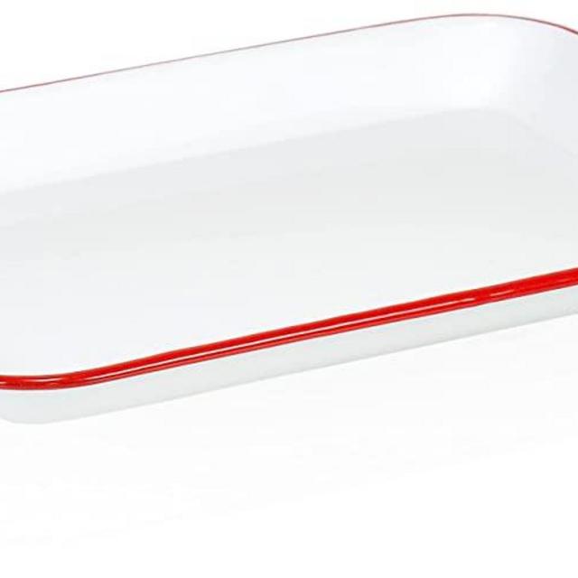 Red Co. 13.5” x 10” Enamelware Metal Classic 1.6-Quart Rectangular Serving Tray, Solid White/Red Rim