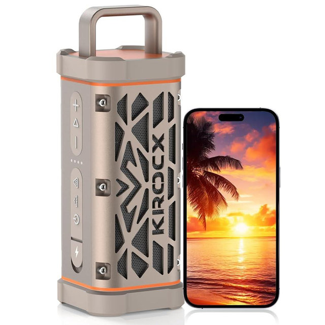 KROCX TRAVOR Magnetic Bluetooth Speaker, 45W Rugged All-Aluminum Outdoor Portable Speaker, Bass Boost, IP68 Waterproof Wireless Speaker for Golf Cart, Camping, Beach, 25H Playtime, Desert Champagne