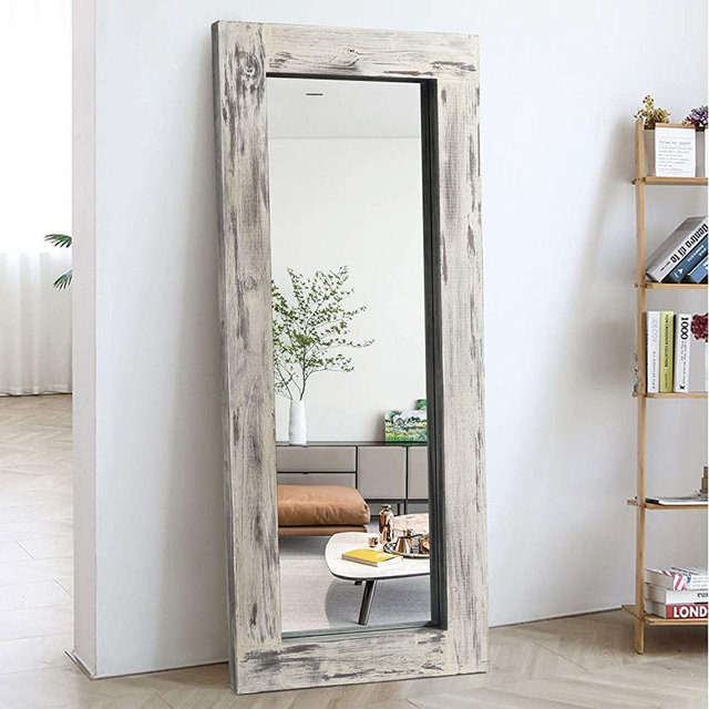KIAYACI Floor Mirror Wood Frame Wall Mounted Mirror Distressed Style Wide Frame Dressing Make Up Mirror for Bathroom/Bedroom/Living Room/Dining Room/Entry/Farmhouse (Light Gray, 58" x 24")