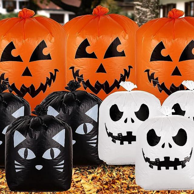 Giiffu Halloween Leaf Lawn Bags(36’’48’’ & 24’’30’’) - Halloween Thanksgiving Fall Outdoor Garden Yard Decoration Trash Bag, Giant Jack-o-lantern Pumpkin Lawn Bag - Pack of 9 with Twist Ties