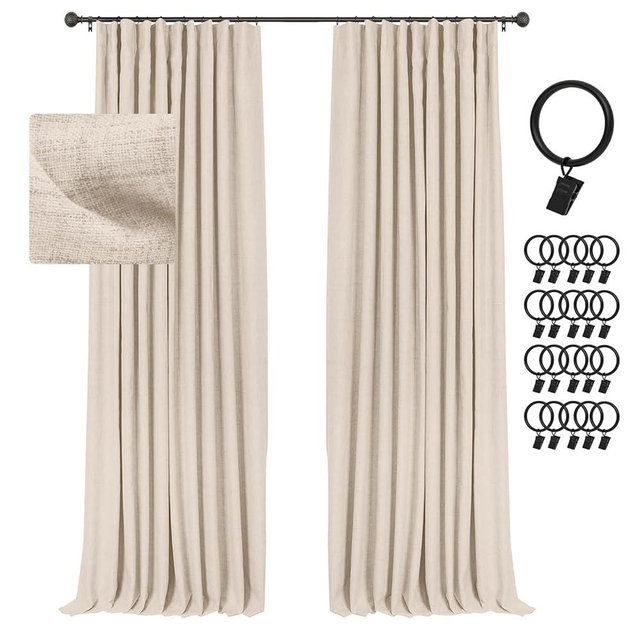 INOVADAY 100% Blackout Curtains for Bedroom 84 Inches Long, Clip Rings/Rod Pocket Linen Black Out Curtains 2 Panels Set Thermal Insulated Curtains & Drapes for Living Room - W50 x L84, Beach Sand