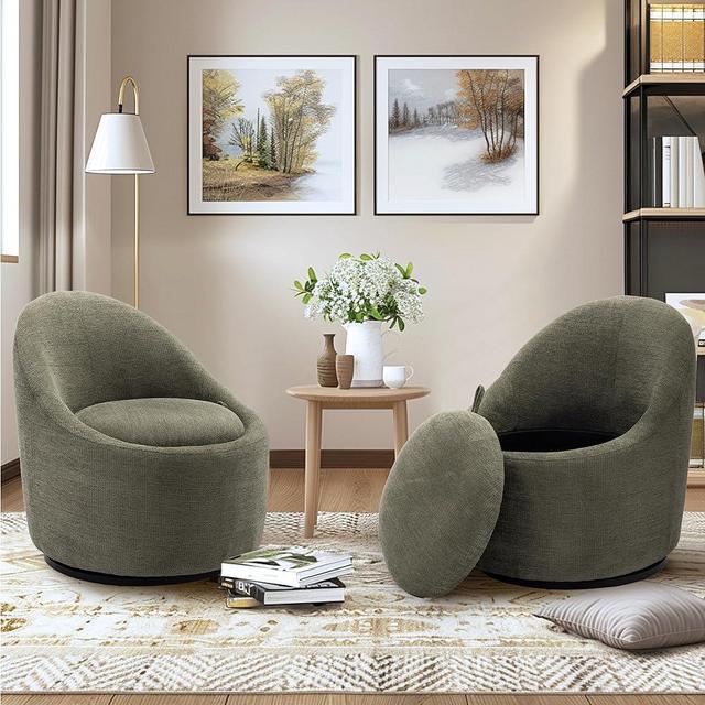 COLAMY 360° Swivel Accent Chair Set of 2, Upholstered Chenille Fabric Leisure Modern Armchair with Hidden Storage Space for Living Room Bedroom Home Office, Green