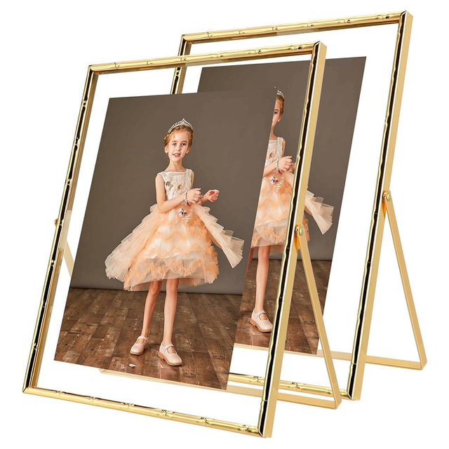 AhaGo Bamboo Floating Frame, Gold, 8"×10", 2 Sets, Vertical For Picture 8×10, 7×9, 6×8, Classy For Valentine, Wedding, or Birthday