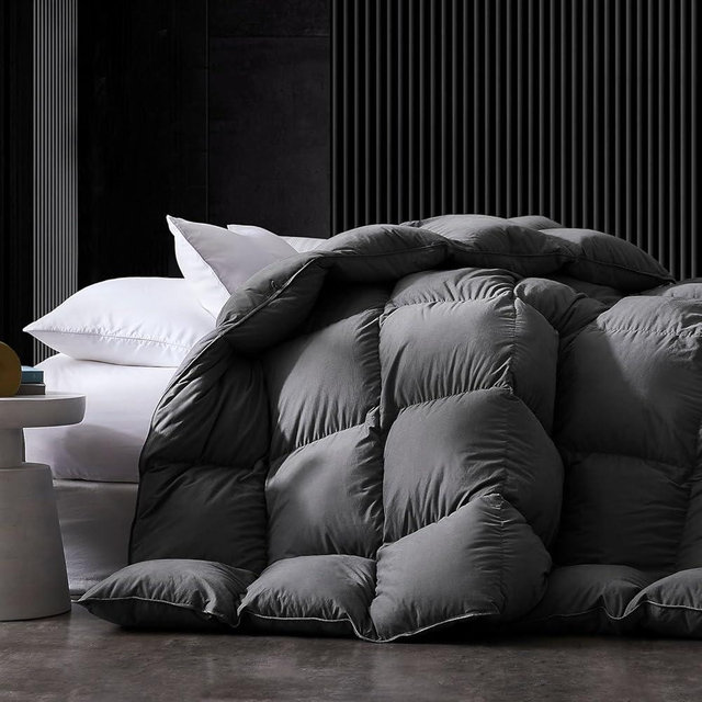HOMELYSIAN Feather Down Comforter Queen Size，Grey Comforter for Queen Size Bed, Extra Fluffy Duvet Comforter, Fall Bed Comforter Duvet Insert, 90x90 Feather Comforter