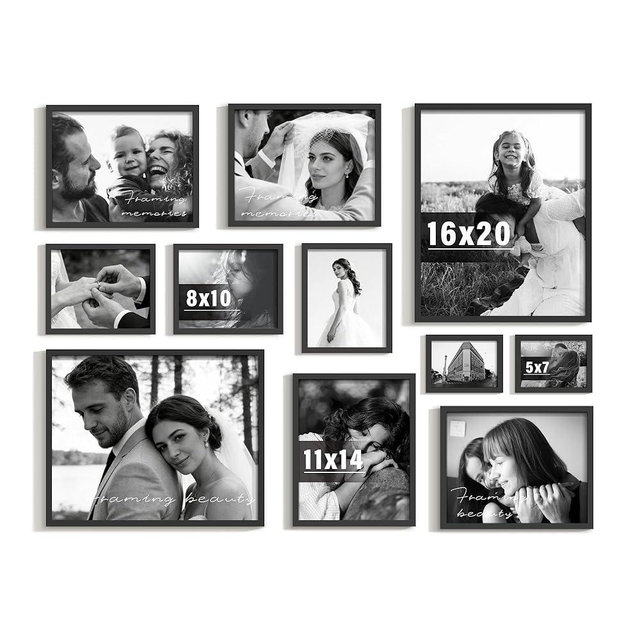 DUENPY 11 Pack Picture Frames Collage Wall Decor Set, Multi-Size Photo Frames for Wall Mounting, Gallery Wall Picture Frames Kit with 2pcs 16x20, 4pcs 11x14, 3pcs 8x10, 2pcs 5x7, Black Frame Sets