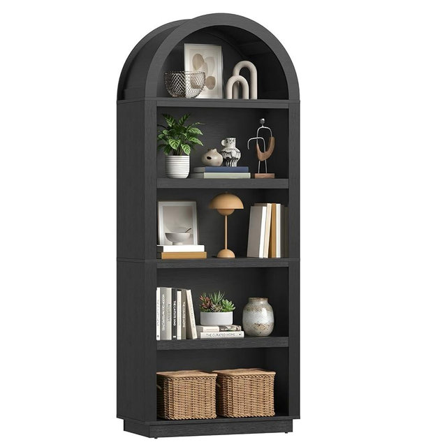 Bestier 76" Tall Arched Bookshelf, 5 Tier Arched Bookcase with Adjustable Book Shelves, Large Arch Wood Bookshelf, Modern Farmhouse Open Display Tall Bookcase for Bedroom, Home Office, Bedroom, Black