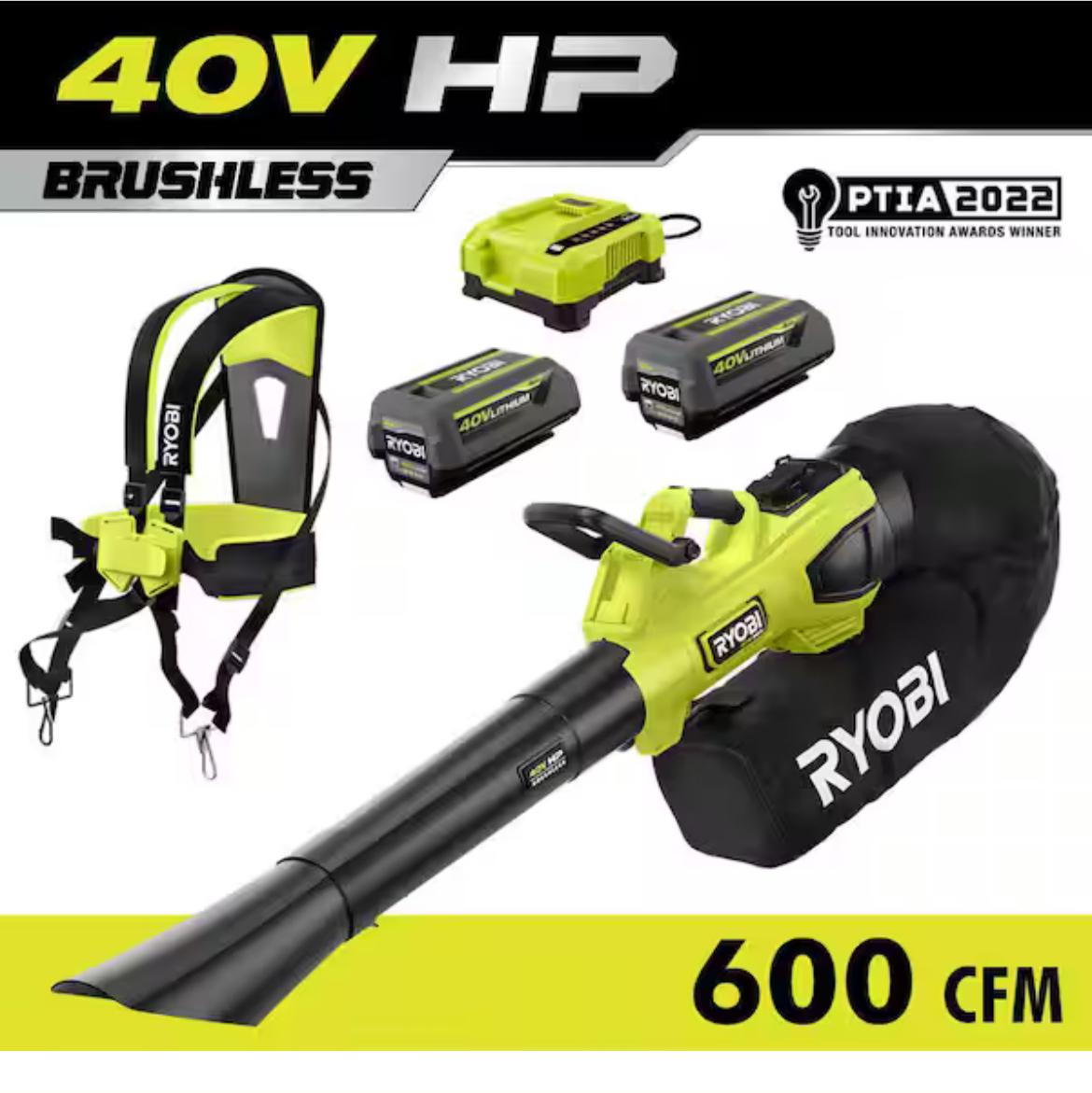 RYOBI 40V HP Brushless 100 MPH 600 CFM Cordless Leaf Blower/Mulcher/Vacuum with (2) 4.0 Ah Batteries and Charger RY404150