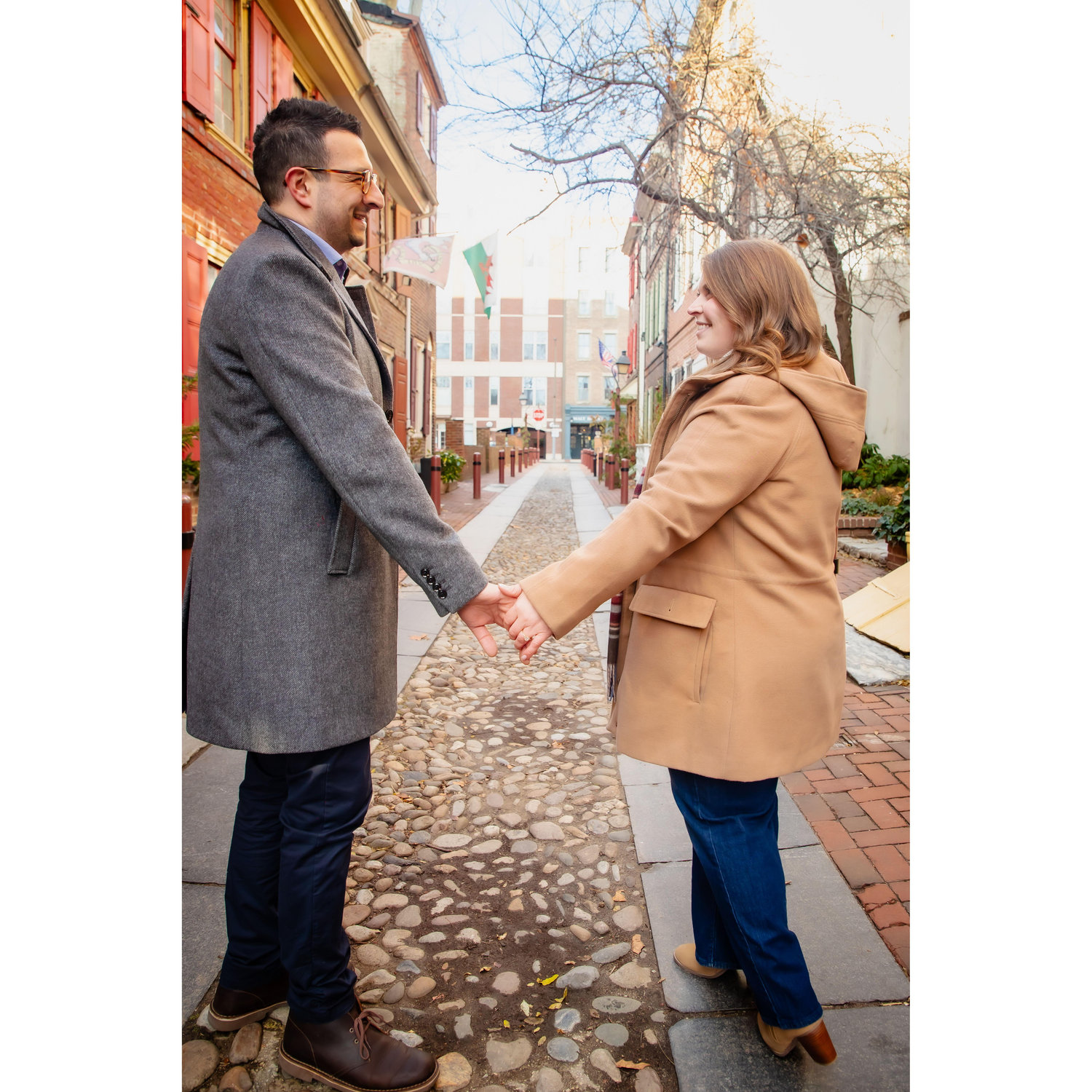 Engagement photos at Elfreth's Alley in Old City Philly 12.21.24