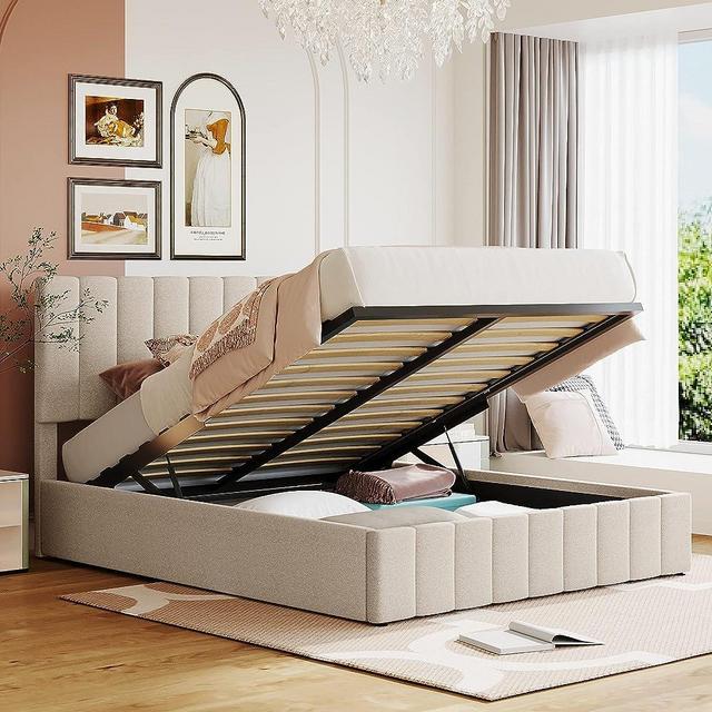 Merax Gas Lift Up Storage Platform Bed Frame Upholstered Queen Size beds Gas Lift Up Storage Platform Bed Frame with Tufted Headboard Wooden Slat Support and Under Bed Storage,Beige