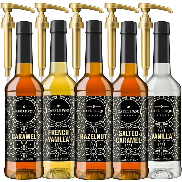 Café Le Rou Coffee Syrup Variety 5-Pack- 25.4 oz Vanilla, French Vanilla, Caramel, Salted Caramel, Hazelnut, *Includes 5 Syrup Pumps*, Flavoring Syrup for Coffee, Tea and Espresso