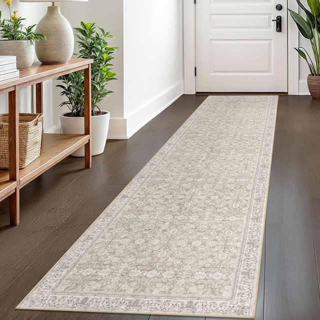SIILOOM 2x8 Washable Runner Rug for Hallways, Cream Beige White Grey Soft Classic Kitchen Rugs with Non-Slip, Non-Shedding Distressed Floral Rug for Hallways Entryway Bedroom Bathroom Laundry Indoor