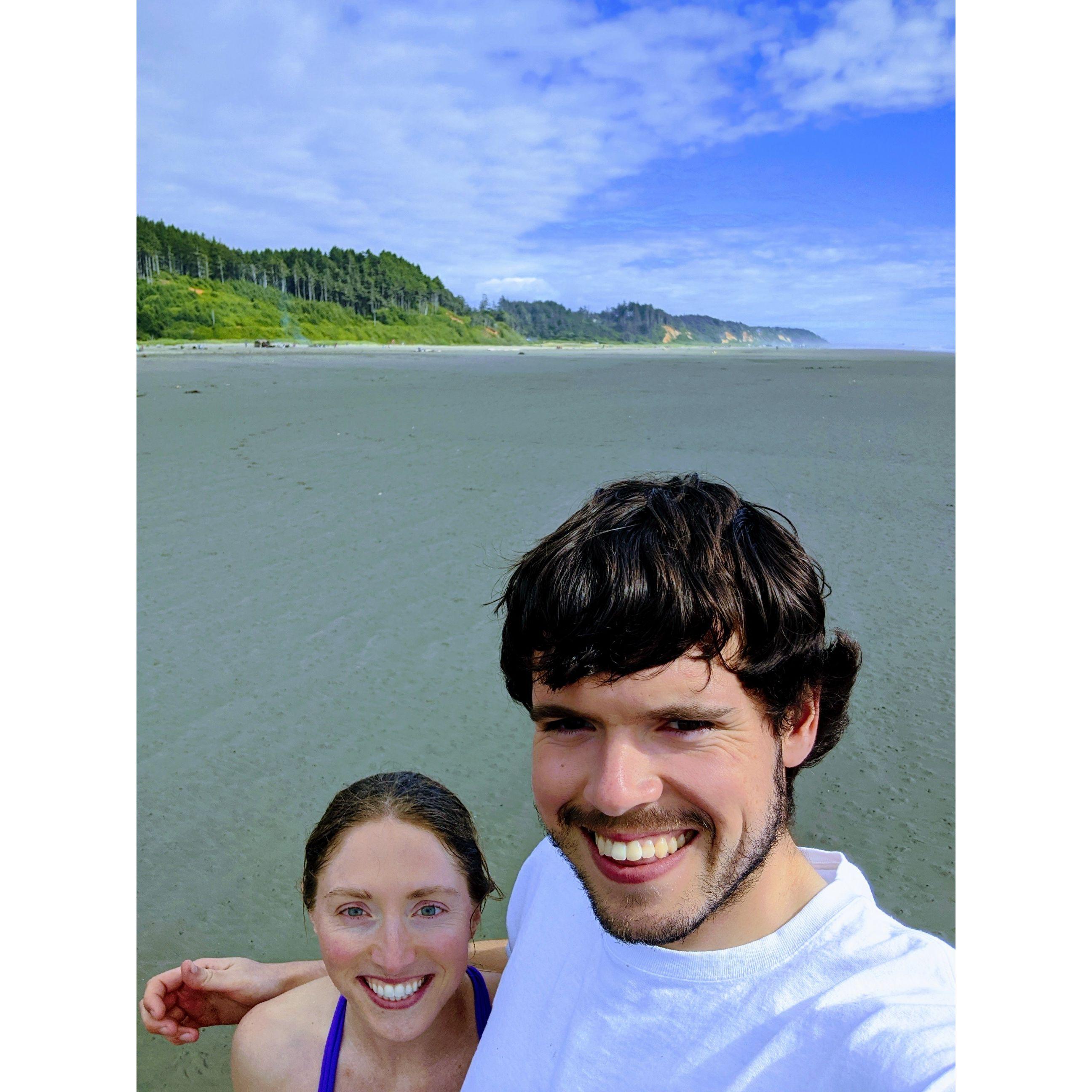 Our first photo together. Pacific coastline, Seabrook, WA
