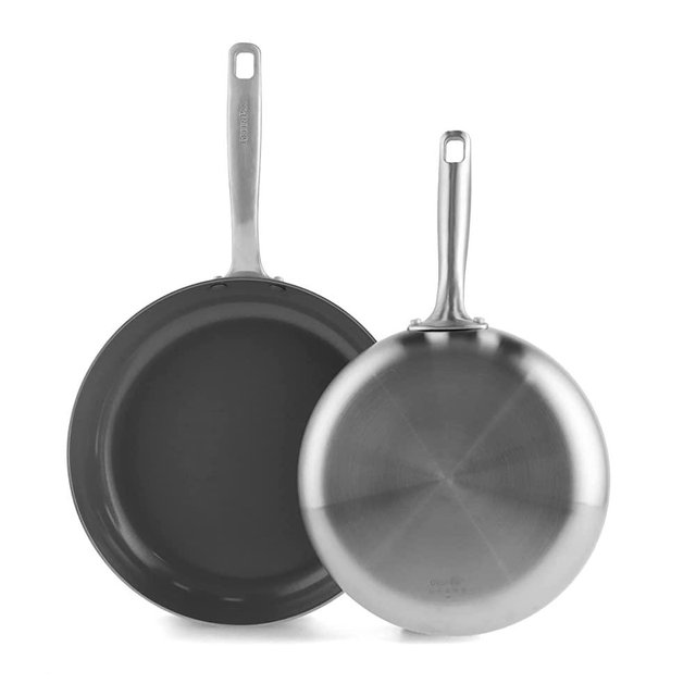 GreenPan Chatham Tri-Ply Stainless Steel Healthy Ceramic Nonstick 10" and 12" Frying Pan Skillet Set, PFAS-Free, Induction Suitable, Dishwasher Safe, Silver