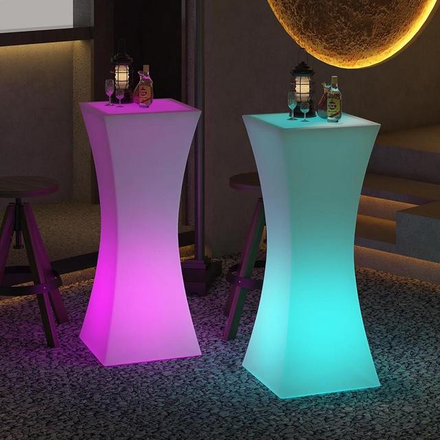 CECER LED Bar Table, LED Cocktail Table with Multi-Colored Lights, Rechargeable Light Up Cocktail Table with Remote, Waterproof Luminous Table for Party, Night Club, Home Bar, Bar-Square Column