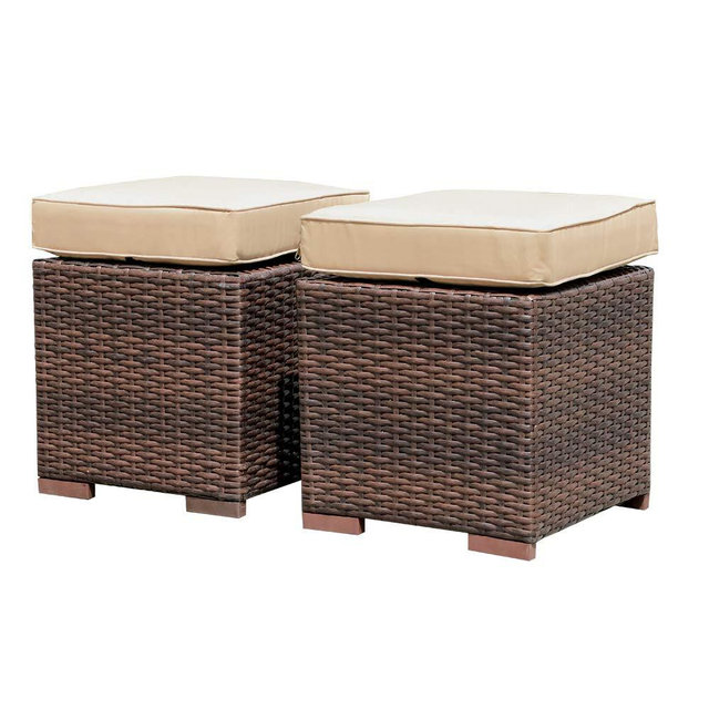 Patiorama 2 Pieces Assembled Outdoor Patio Ottoman, Indoor/Outdoor All-Weather Dark Brown Wicker Rattan Outdoor Footstool Footrest Seat with Beige Cushions, No Assembly Required