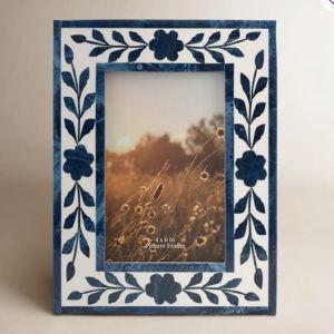 Modern Resin & Wood Picture Frame with Glass - Tabletop Photo Display for Home - Blue White, 7" x 9"