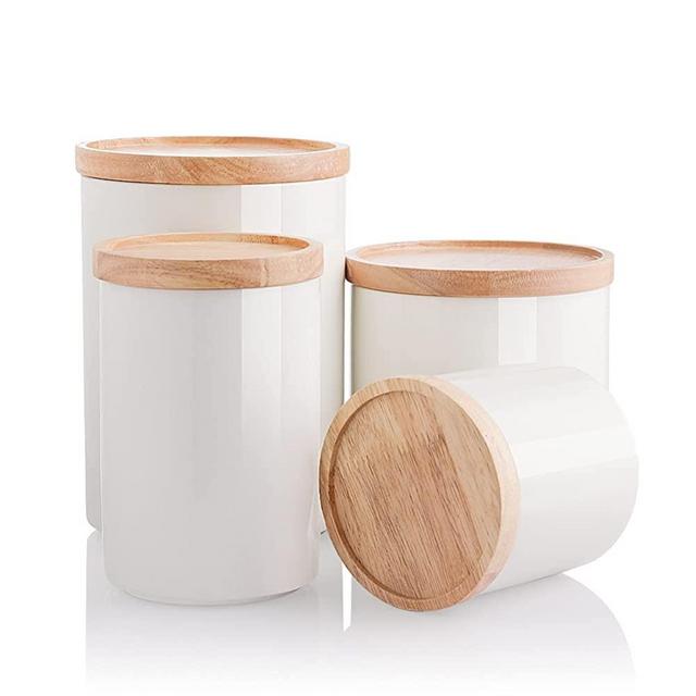SWEEJAR Kitchen Canisters Ceramic Food Storage Jar Set, Stackable Containers with Airtight Seal Wooden Lid for Serving Ground Coffee, Tea, Herbs, Grains, Sugar, Salt and More - Set of 4 (White)