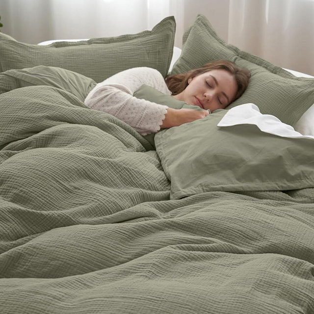 PHF Cotton Muslin Duvet Cover King Size, 3-Layer Ultra-Soft Lightweight Breathable Guaze, Skin-Friendly Minimalist Comforter Cover Set for All Season, with 2 Pillow Shams, 104"x90", Dusty Sage