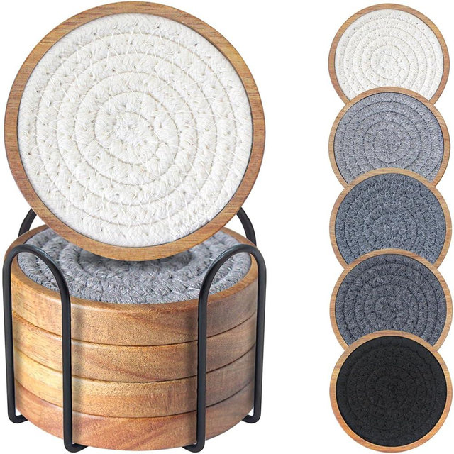 Eykao Coasters for Drinks Absorbent Sets of 5, Woven Coasters with Holder, Wood Coasters for Coffee Table, Housewarming Gift for Farmhouse Home Decor, 4 inches (Gray Series)