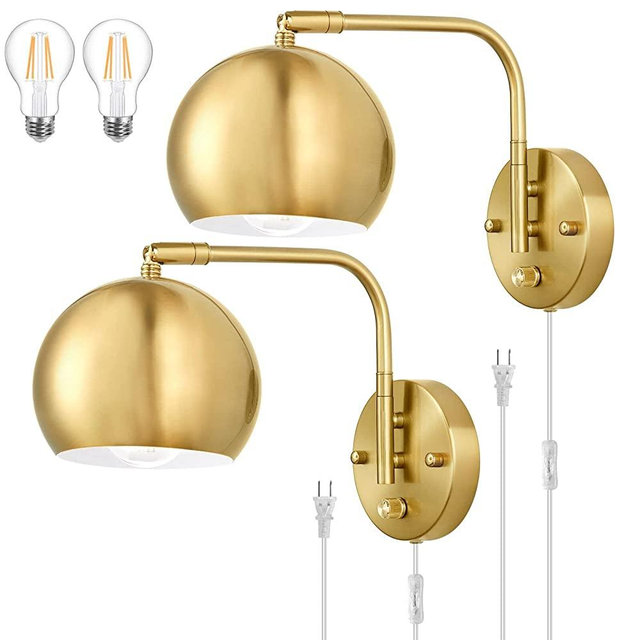 VATONI Wall Sconce Plug in, Dimmable Wall Sconce Swing Arm Wall Lights with Plug in Cord and Dimmer On/Off Knob Switch, Brushed Brass Globe Wall Light for Bedside Bedroom Bathroom(2 Bulbs Included)