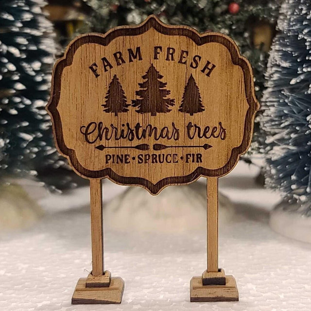 Farm Fresh Christmas Trees Christmas Village Sign, Engraved Wooden Christmas Sign, Christmas Village Accessories, Miniature Village Sign