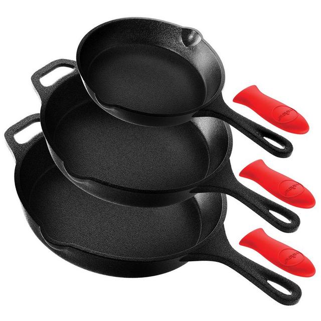 NutriChef Non Stick Pre Seasoned Cast Iron Skillet Frying Pan, 3 Piece Set