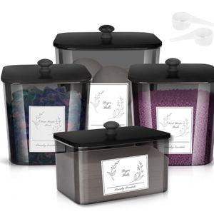 4 Pack Laundry Detergent Containers & Dryer Sheet Holder with Black Lids, Scoops & Labels - Plastic Laundry Organizer and Storage Jars for Pods, Detergent, Scent Booster