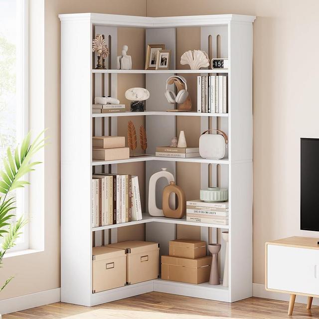 IDEALHOUSE Corner Bookshelf 72.8in Farmhouse Bookcase Large Bookshelf Wood Bookcase Tall 5 Tier Corner Shelf L Shaped Bookshelf Storage Display Rack Living Room Bedroom (White, Half Panel)