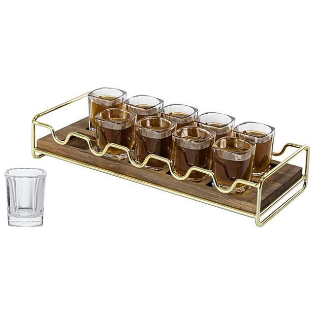 12 Shot Glass Servng Set N Rustc Burnt Wood Tray