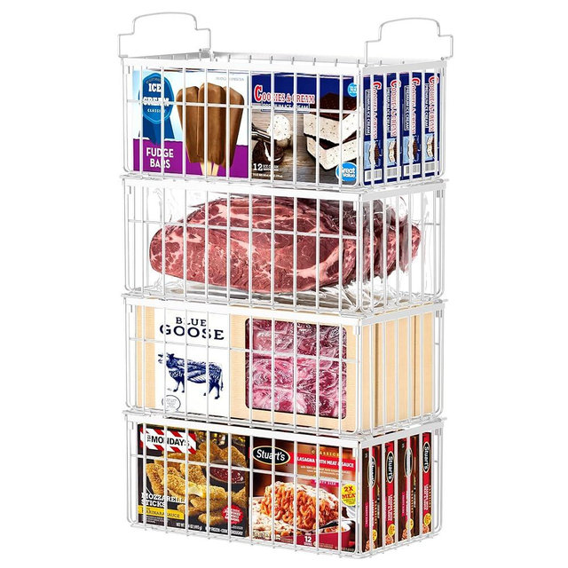 MSERCUOR Freezer Organizer Bins, 4 Pack Stackable Deep Chest Freezer Organizer Bins, Foldable Baskets with Handles, White Storage Container Baskets for 5/ 7 Cu.FT Sort Frezen Meats