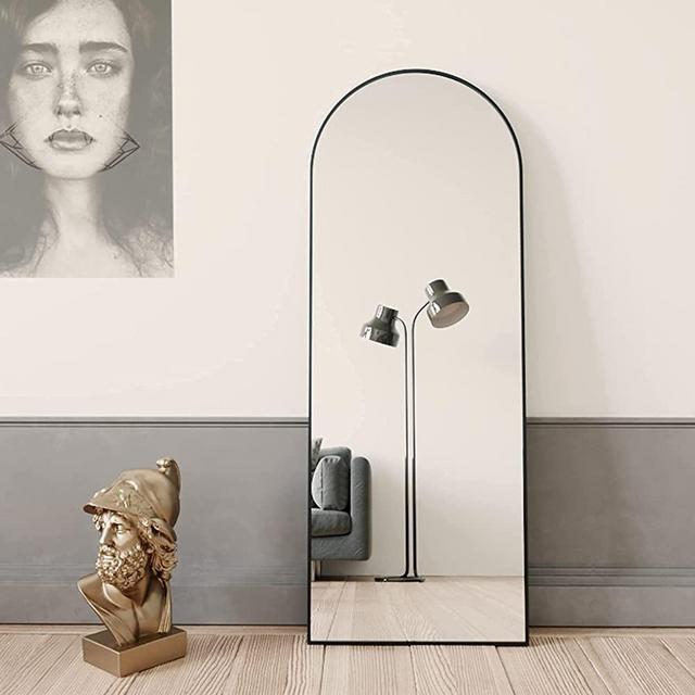 BEAUTYPEAK 64"x21" Full Length Mirror Arch Floor Mirror Wall Mirror Hanging or Leaning Arched-Top Full Body Mirror with Stand for Bedroom, Dressing Room, Black