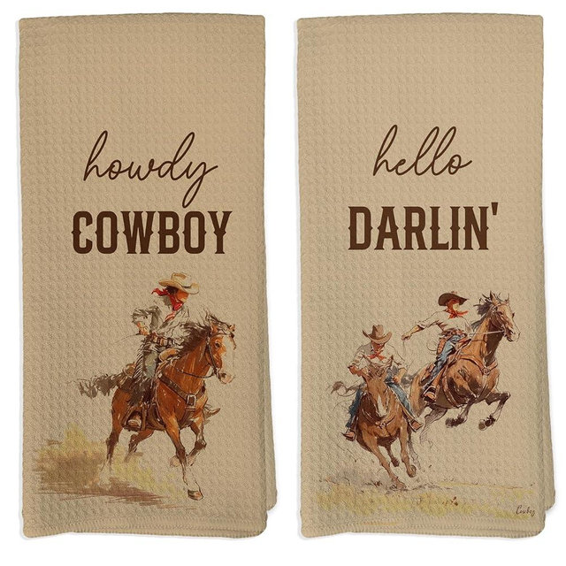 VRW Western Cowboy Decorative Kitchen Towels Set of 2, Hello Darlin Howdy Cowboy Decor Hand Tea Towels for Kitchen Bathroom Decorations, Western Couple Gifts for Him and Her, 16x24 Inches