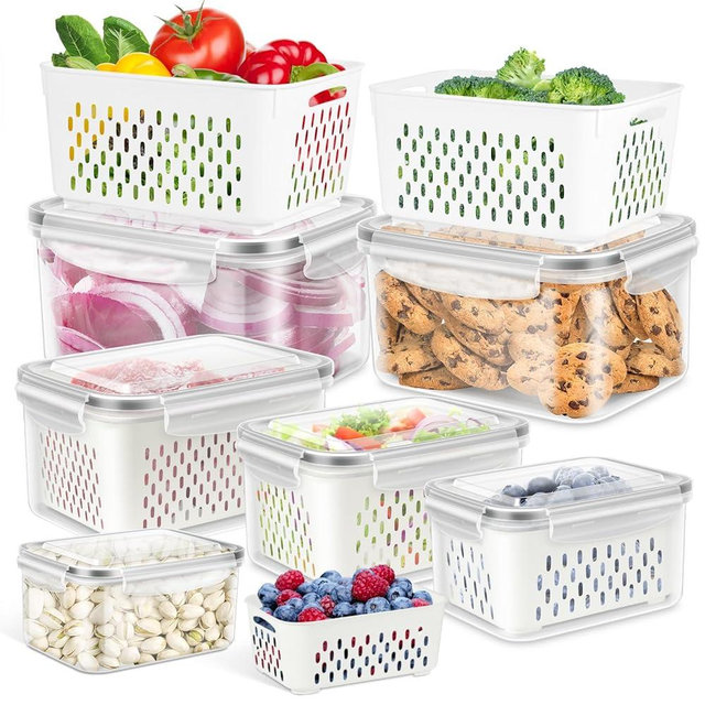 TBMAXS 6 Pack Fruit Storage Containers for Fridge, Produce Saver Vegetable Container with Drain Colanders - Refrigerator Organizer for Lettuce Keepers Berry Container