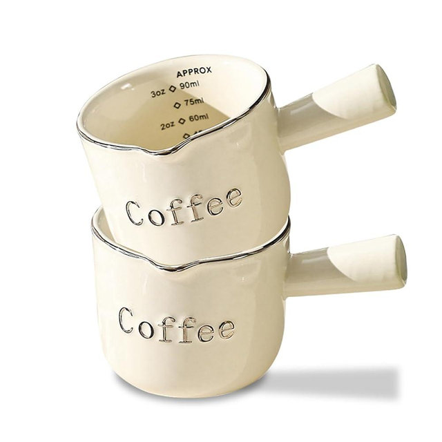 Espresso Cups, 2 Pack Espresso Coffee Ceramic Measuring Cup, 90ML Espresso Cups with Handle, Espresso Shot Coffee Cup with V-Shaped Mouth, Pitcher for Coffee Espresso Making Frothing