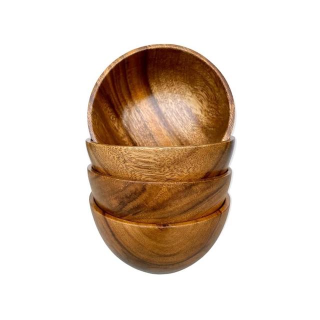 WRIGHTMART Wooden Bowls, Set of 4, For Food, Fruit Salads, Candy, Nuts, Charcuterie, Potpourri, Decorative Rustic Durable, Hand Crafted Acacia Wood, 5” diameter, 2.5" Height, Natural